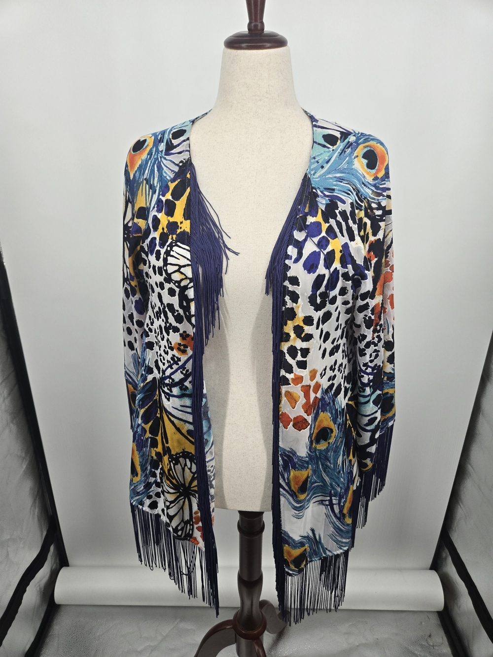 River Island Tiger Graphic Navy Fringe Open-Front Wrap Medium (6758)